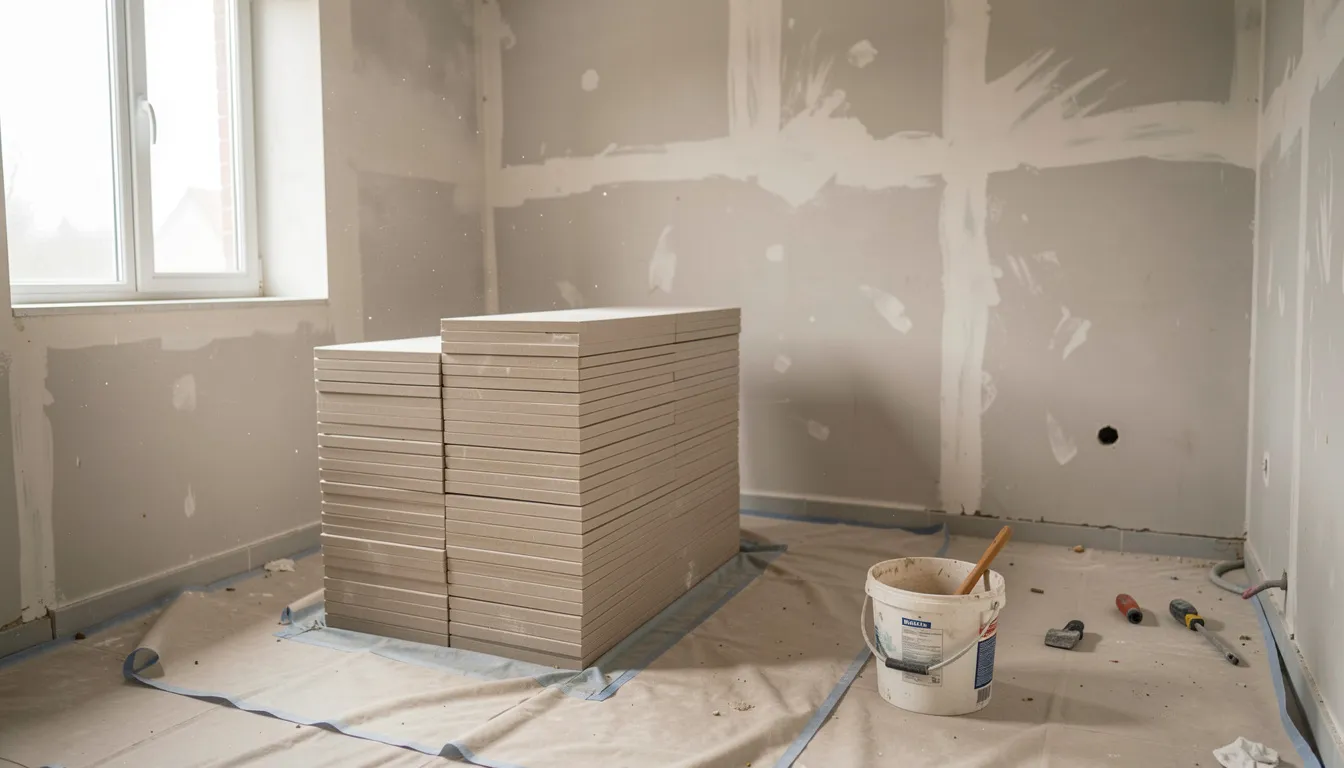 Salle de bain en cours de rénovation, piles de carrelage sur une bâche de protection, seau et outils au sol